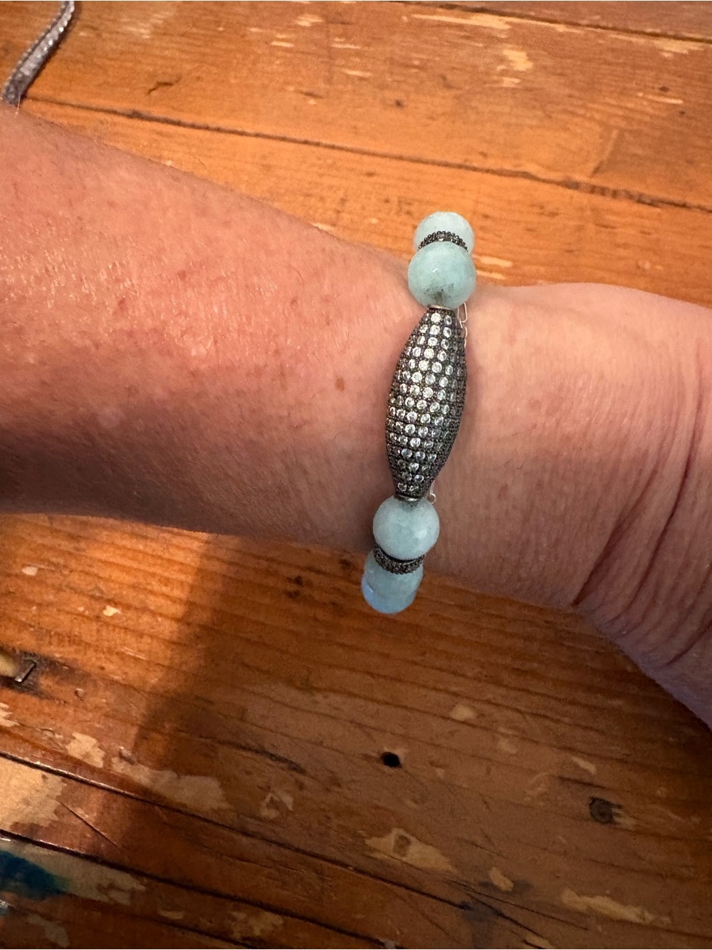 Beaded Aquamarine Stretch Bracelet with Pave Silver Accent